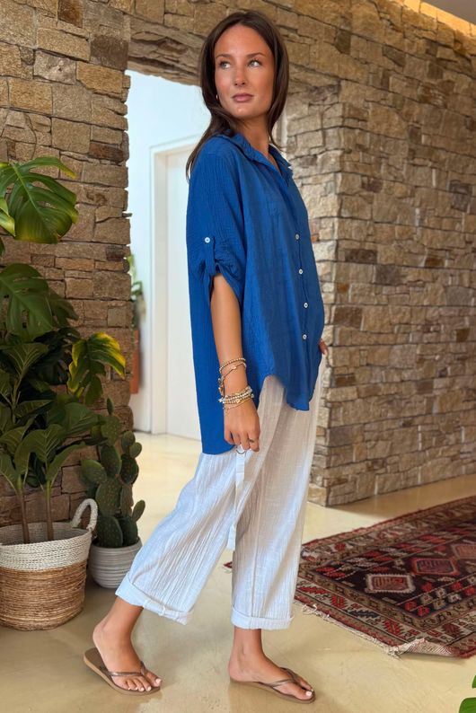 Made in Italy Pia Pillow Cotton Embroidered Tile Classic Shirt Mediterranean Blue